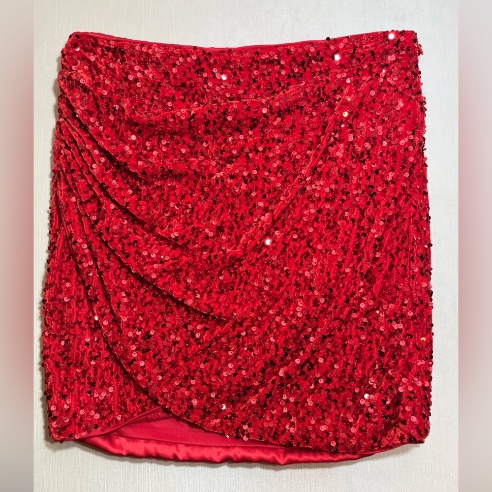 Line + Dot Red Sequin Wrap Mini Skirt Draped Partycore Holiday Glam Sparkle Chic